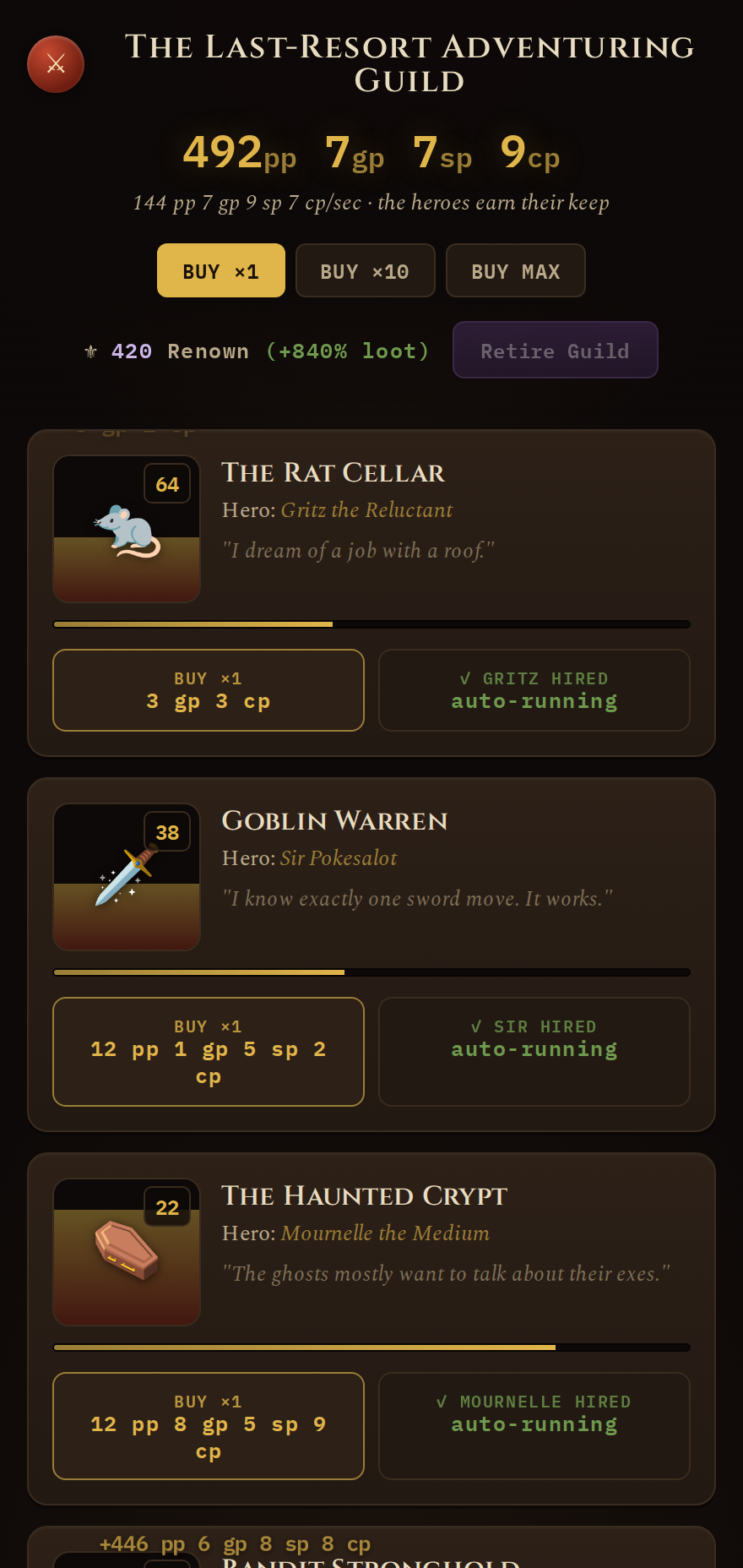 The Last-Resort Adventuring Guild gameplay — dungeon cards with hired heroes earning coins
